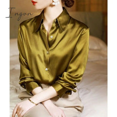 Ingvn - Brand Quality Luxury Women Shirt Elegant Office Button Up Long Sleeve Shirts Momi Silk Crepe Satin Blouses for Women Fashion Business Ladies Top