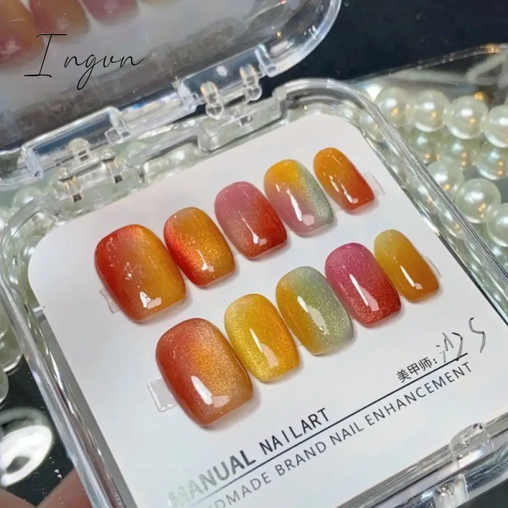 10Pcs Glitter Short Handmade Press On Nails Fake Nails Full Cover Cat Eye Square Head Artificial Manicure Wearable Nail Tips Art