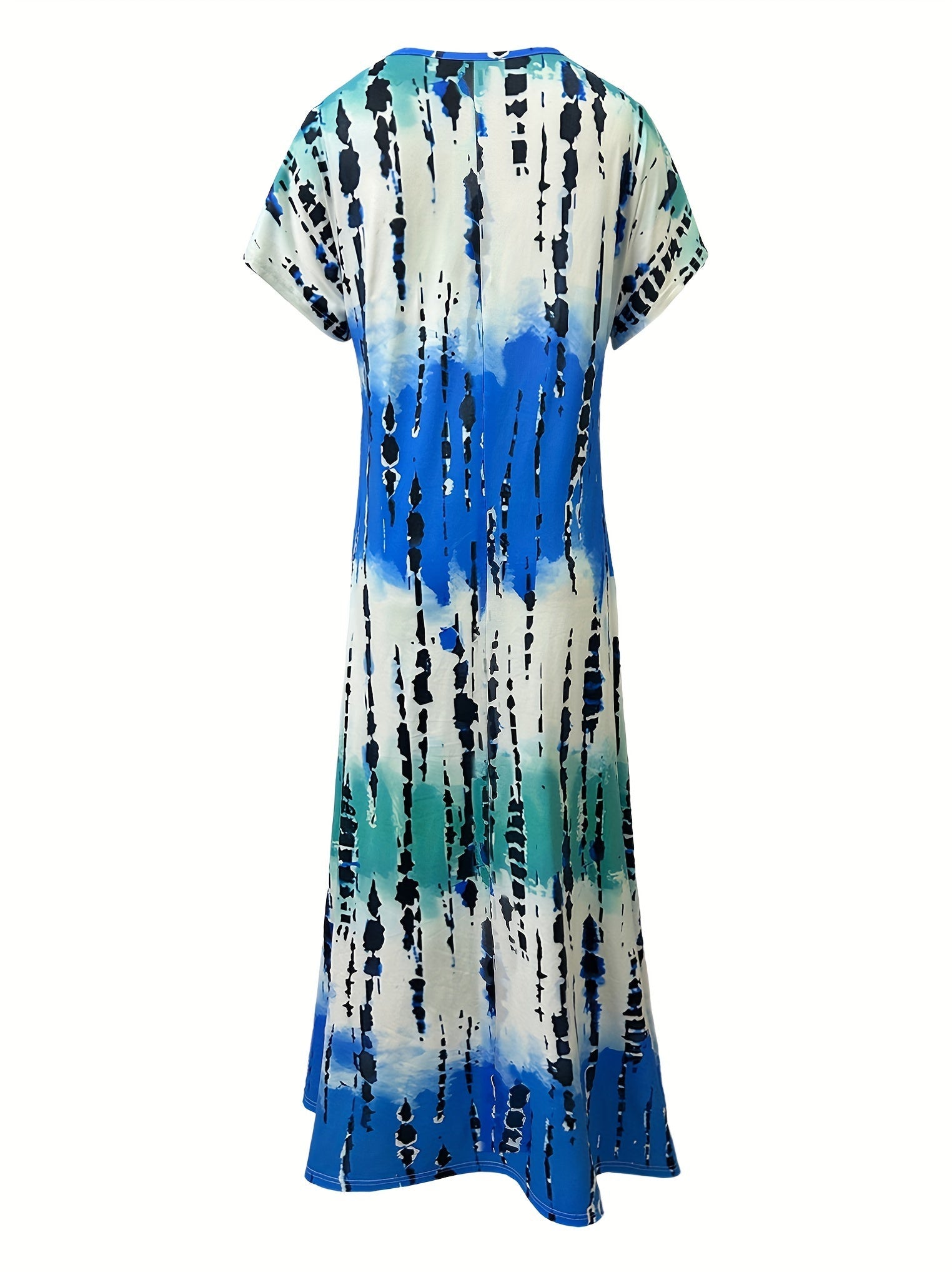Tie Dye V-neck Dress, Elegant Split Short Sleeve Dress For Spring & Summer, Women's Clothing