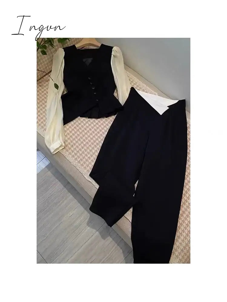 Ingvn - Women's Autumn British Style Trousers Suit V-neck Irregular Short Small Blazer and Wide Leg Trousers Two Office Ladies Piece Set