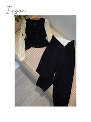 Ingvn - Women's Autumn British Style Trousers Suit V-neck Irregular Short Small Blazer and Wide Leg Trousers Two Office Ladies Piece Set