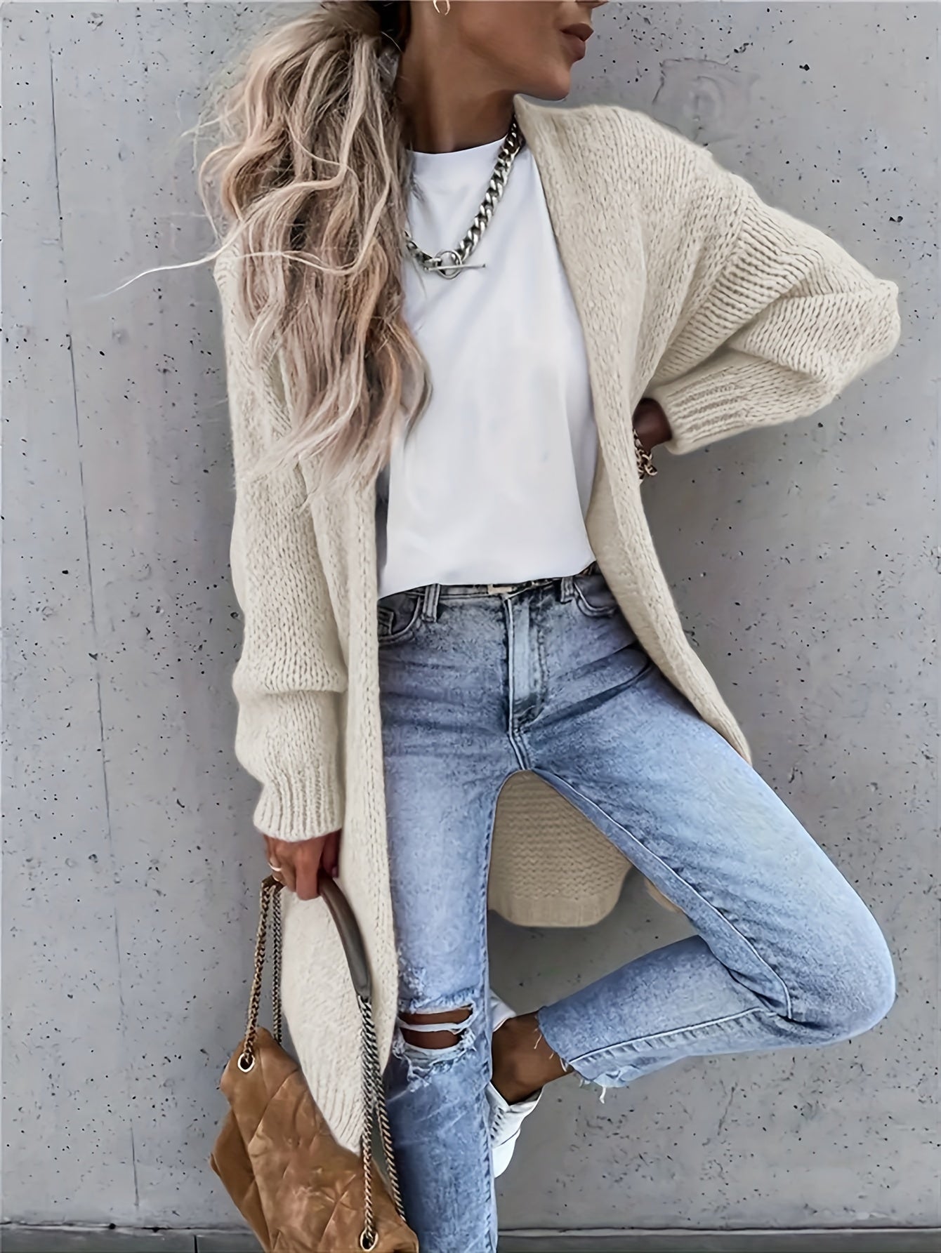 Stylish Solid Color Long Sleeve Mid-Length Open Front Cardigan - Women's Elegant Cardigans for Spring & Fall - Comfortable, Versatile, and Chic Clothing for Everyday Wear