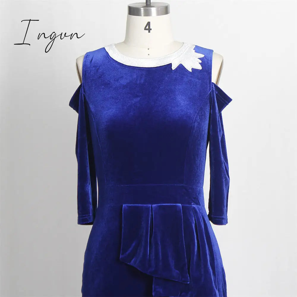Ingvn - Elegant Blue Velvet Mermaid Long Dress Women Dinner Evening Formal Gown Ladies Bodycon Peplum Ruffle Vintage Maxi Party Dress