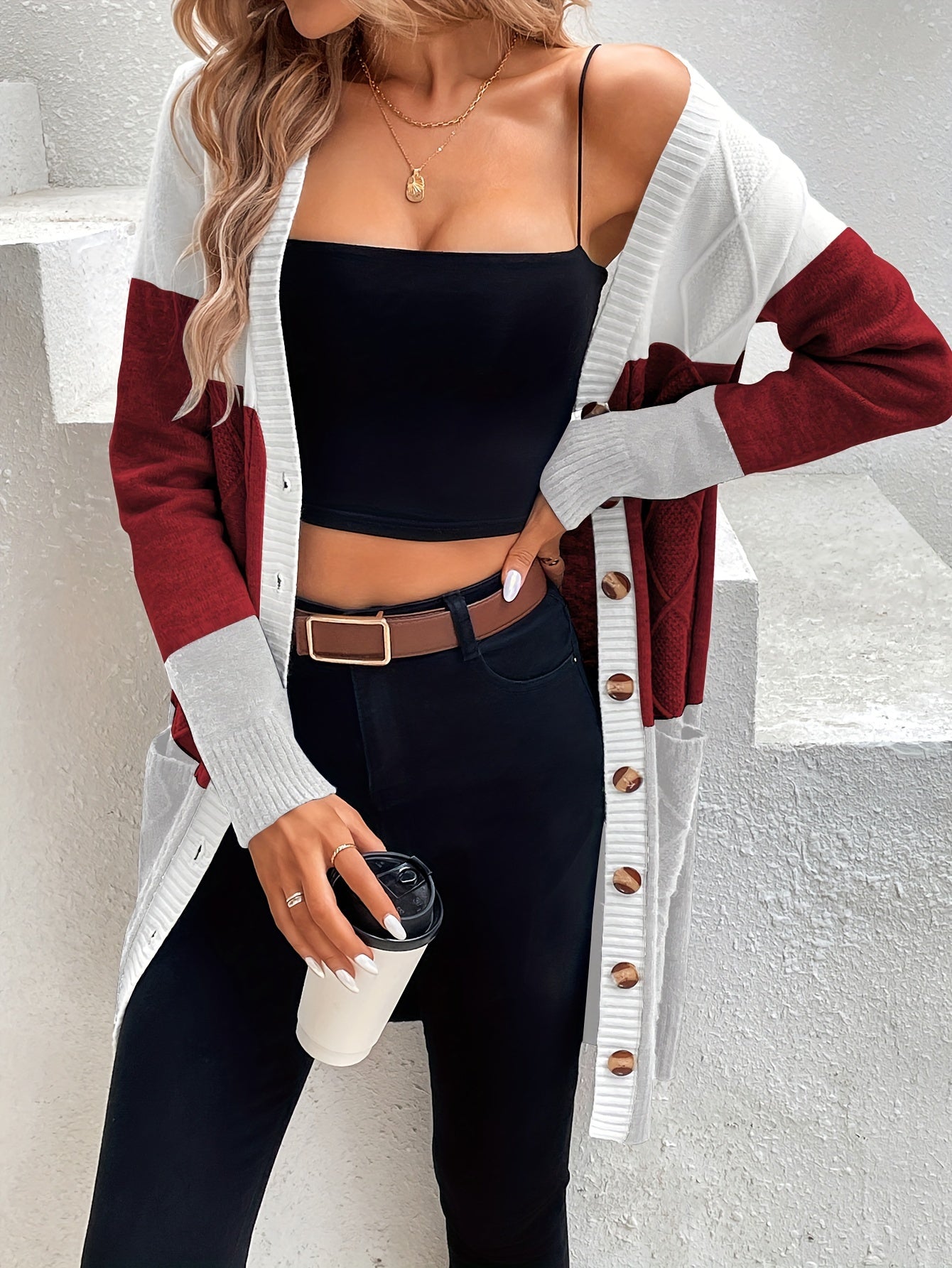 Versatile Long Sleeve Color Block Single Breasted Cardigan for Spring & Fall, Women's Clothing