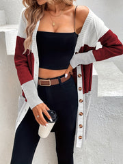 Versatile Long Sleeve Color Block Single Breasted Cardigan for Spring & Fall, Women's Clothing