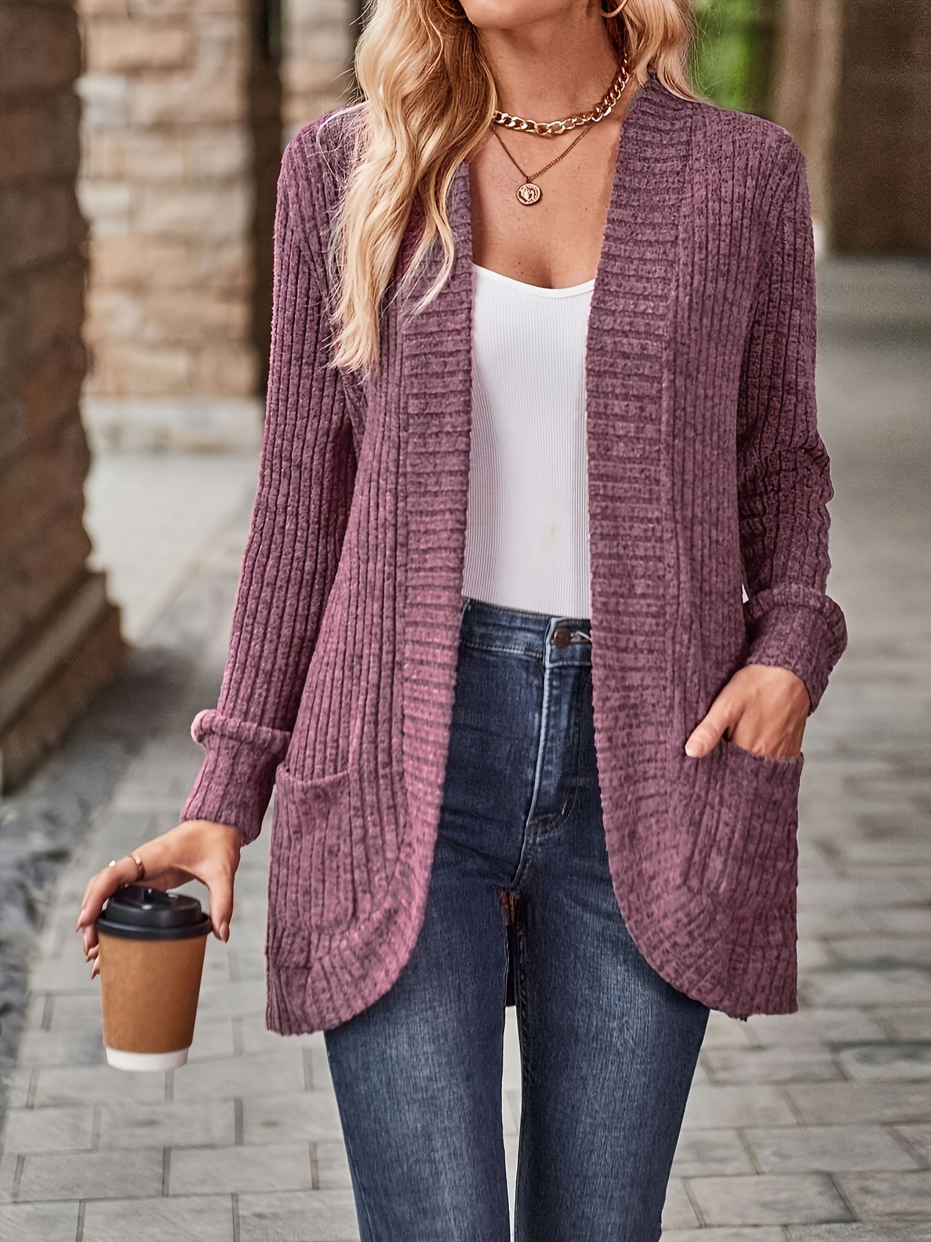 Cozy Rib Knit Cardigan for Women - Soft & Stylish Solid Open Front Sweater with Pockets - Casual Long Sleeve Fashion Clothing