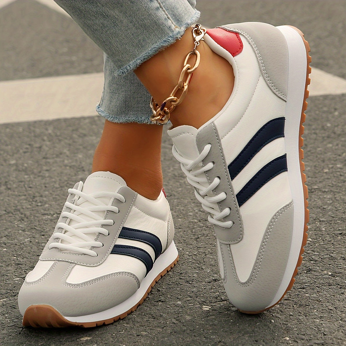 Women's Fashion Sneakers - Breathable & Lightweight, Lace-Up Casual Sneakers with Red & Blue Stripes, Comfortable Soft Sole