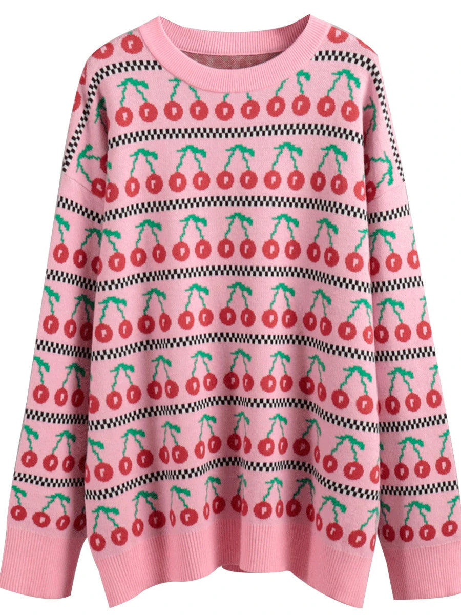Ingvn  Women's Round Neck Cherry Printed Sweater Autumn Winter New Mid Length Fashion Top Retro Knitted Sweater Pullover