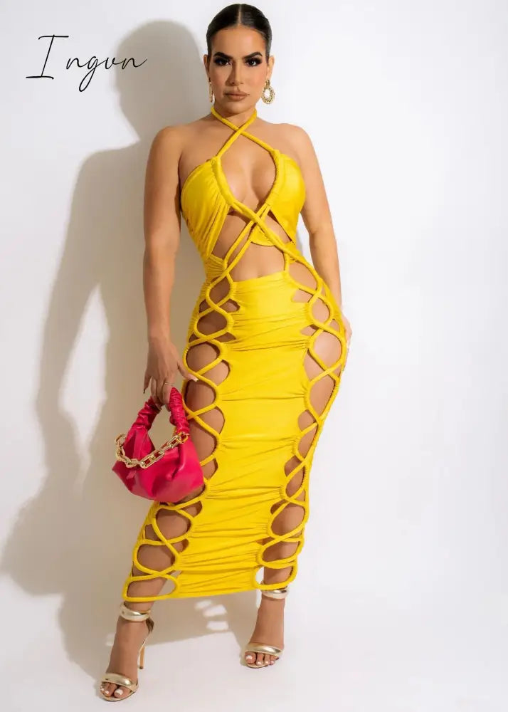 Ingvn - Sexy High Slit Lace Up Bodycon Dress for Women 2023 Summer Halter Cut Out Evening Club Party Long Dresses Robe Femme y2k Clothes