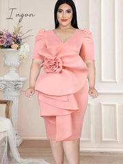 Ingvn - Pink Plus Size Dresses Women V Neck Short Puff Sleeve Big Flower Knee Length Outfits for Ladies Evening Birthday Party Gowns 4XL