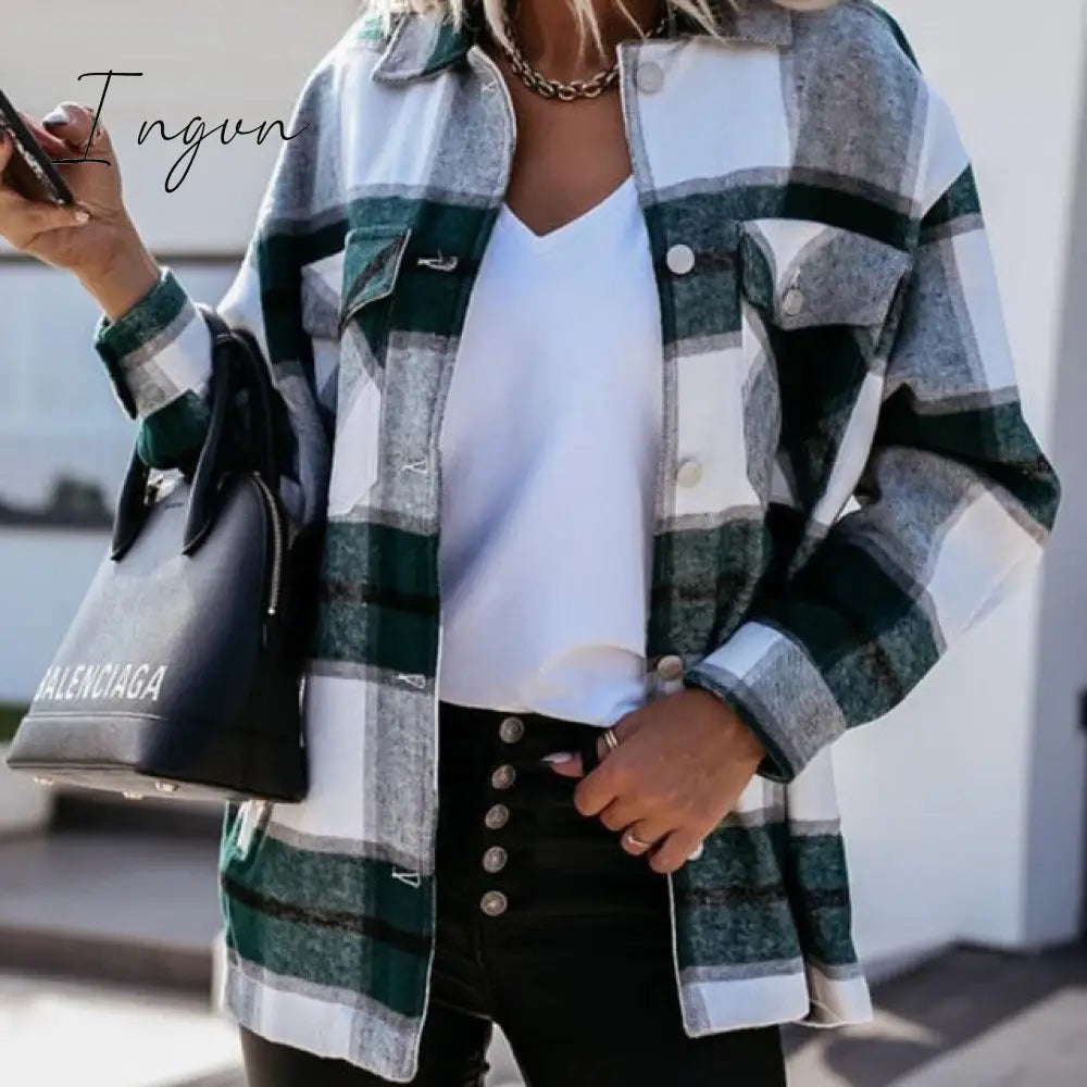 Ingvn - Shirts For Women Plaid Long Sleeve Button Up Shirt Collared Tops And Blouse Autumn Spring Fashion Loose Casual Black White