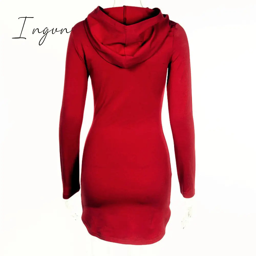 Ingvn - Women Sexy Bodycon Dress Spring Autumn Winter Woman Hooded Long Sleeve Wine Red Suede Dress robe femme