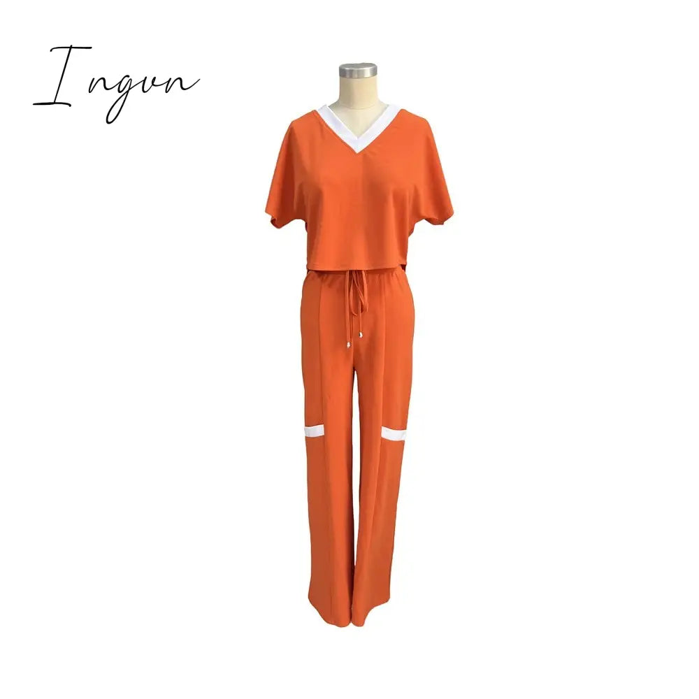 Ingvn - Summer Fashion Casual Two Piece Set Women V Neck Short-sleeved T-shirt Elastic Straight Pants Two Piece Suit Women