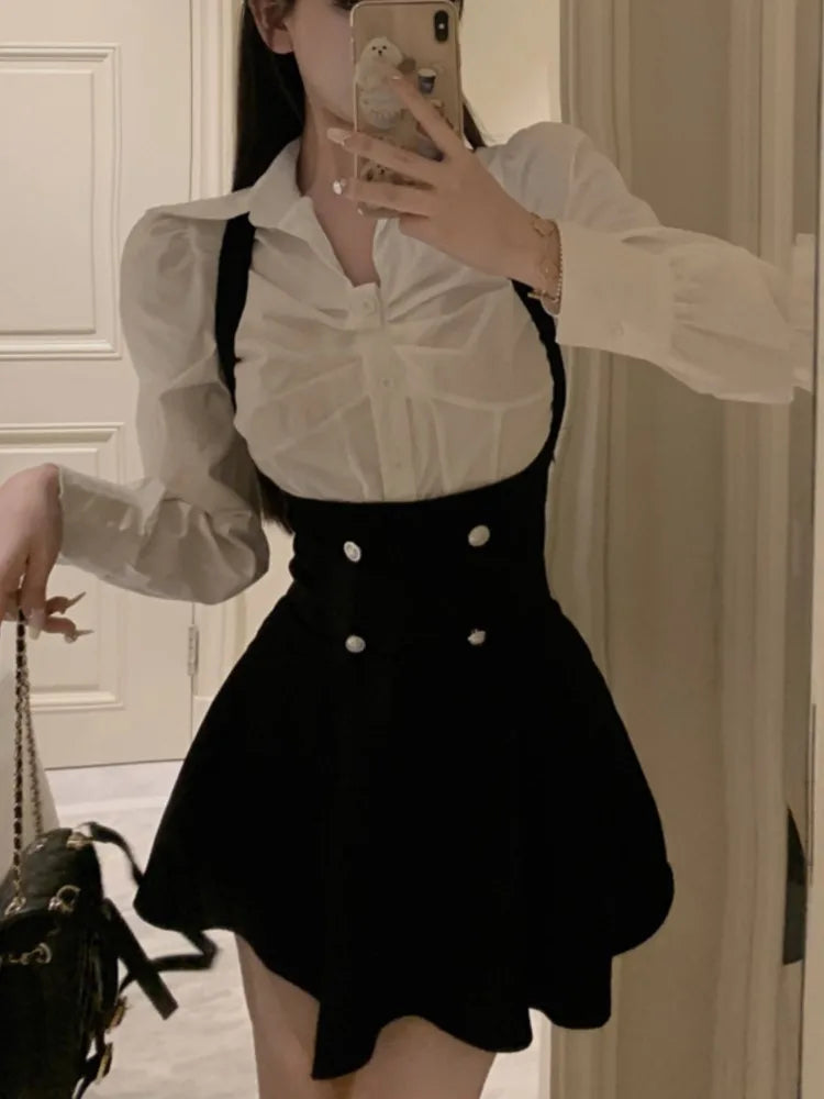 Voguable  Y2K 3 Piece Set Women Cropped Coat + Long Sleeve Shirt + High Waist Halter Ruffles Mini Dress Korean Chic Fashion Sexy Outfits