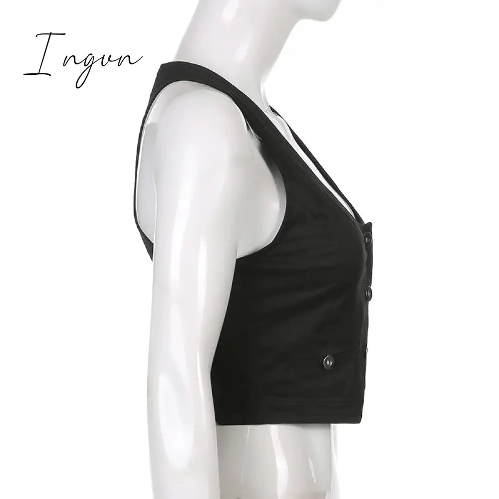 Ingvn - y2k Button Corset Top Black Sleeveless Tank Tops Skinny V Neck Aesthetic Punk Crop Top Grunge Fairycore Women Vests