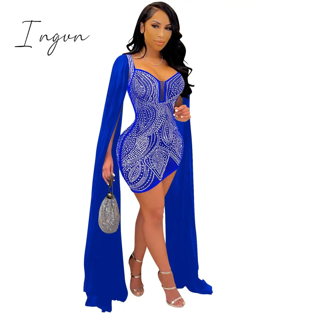 Ingvn - Sheer Mesh Diamonds Sequined Pearls High Split Long Dress For Women Straps Bodycon Long Vestidos Night Party Rhinestone Outfits