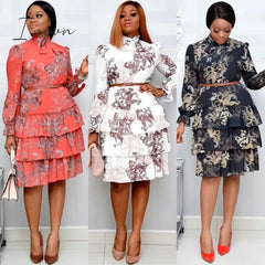 Ingvn - Women Printed Dresses Long Sleeves Bowtie Cake Dress Female Ruffles Pleated Africn Fashion Lovely Date Sweet Vestidos Plus Size