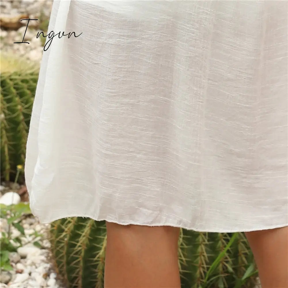 Ingvn - Crochet Beach Cover-ups Summer Tunic Cover Up saida de praia Knitted Swimsuit Ups for Women Vestido Playa Mujer White Dress