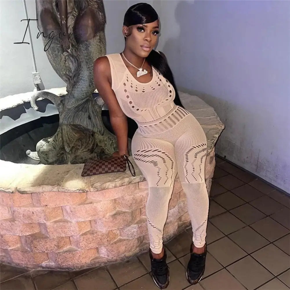 Ingvn - Hollow Out Knitted Mesh Jumpsuits Women Sexy See Through Long Sleeve Hipster Stretchy Skinny Overalls Clubwear Romper