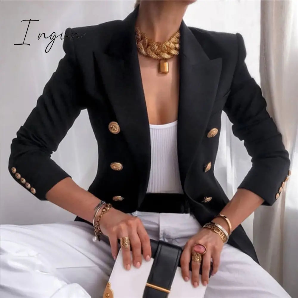 Ingvn - Winter Women Blazer Double Breasted Blazer Coat Fashion Slim long Sleeve Elegant Suit Jacket Office Women Blazer