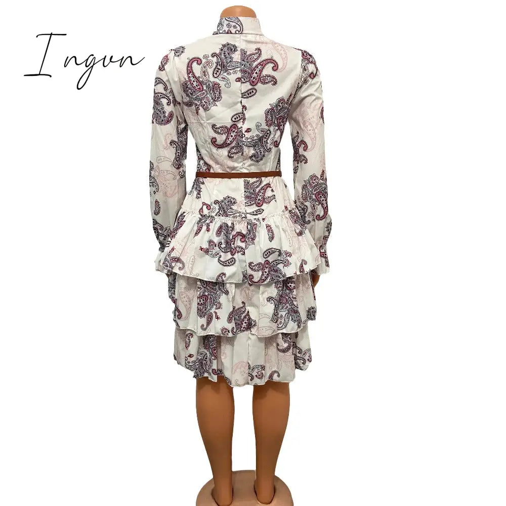 Ingvn - Women Printed Dresses Long Sleeves Bowtie Cake Dress Female Ruffles Pleated Africn Fashion Lovely Date Sweet Vestidos Plus Size
