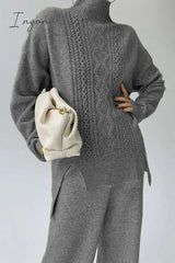 Ingvn - Casual Solid Slit Turtleneck Long Sleeve Two Pieces