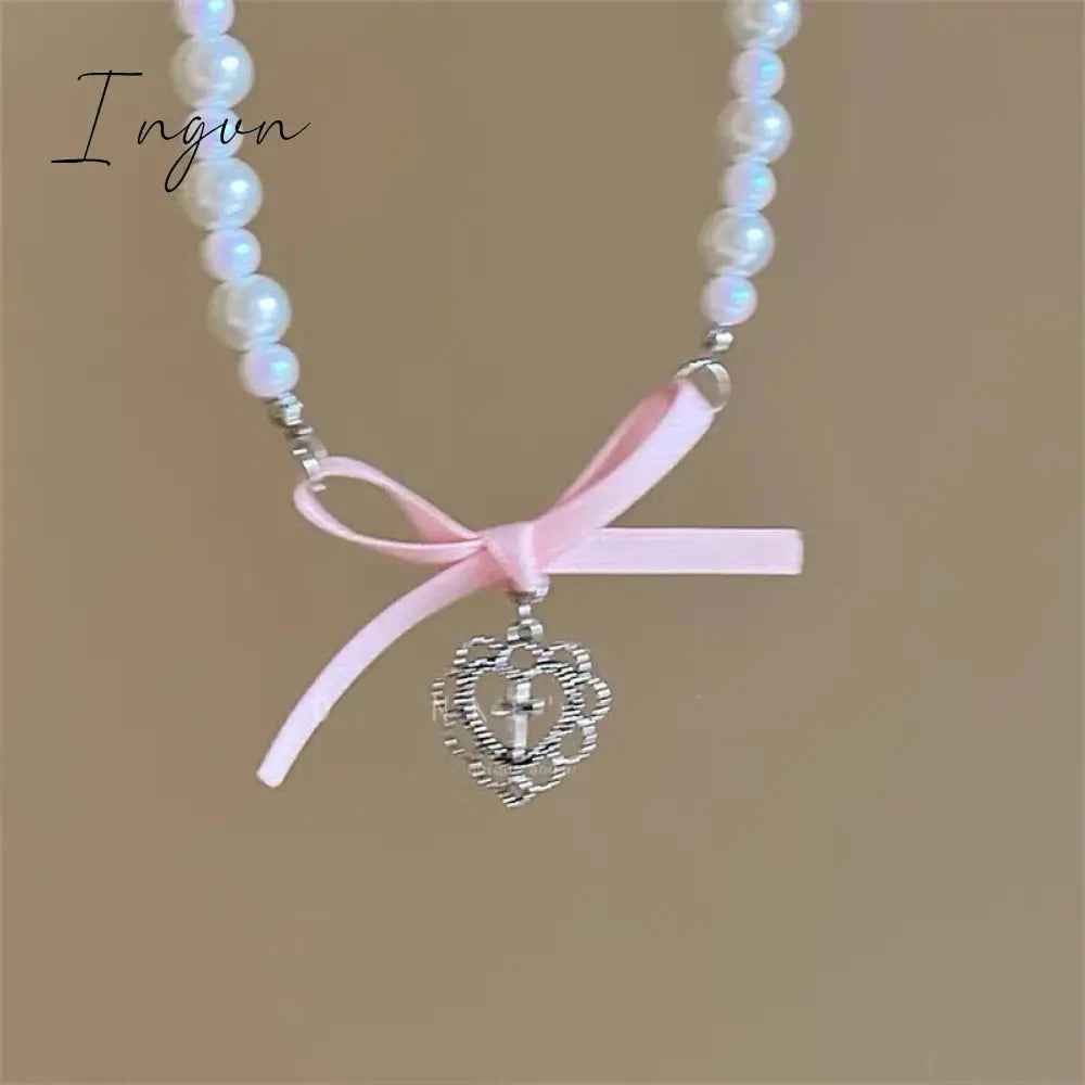 Bowknot Love Cross Imitation Pearl Pendant Necklace for Women French Romantic Sweet Clavicle Chain Harajuku Fashion Y2K Jewelry