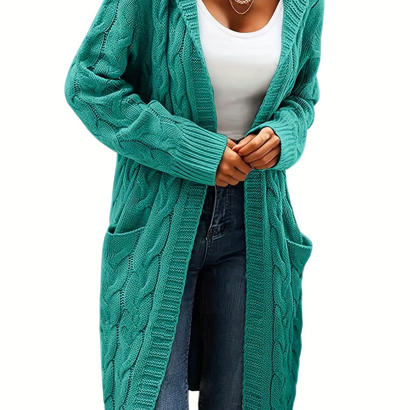 Plus Size Casual Cardigan, Women's Plus Solid Cable Long Sleeve Open Front Hooded Cardigan With Pockets