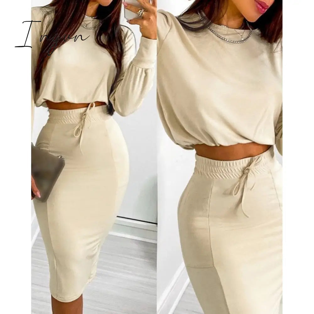 Ingvn - Sexy Crop Long Sleeve Pink Bodycon Dress Sets Women Autumn Print Cropped Feminino Two Piece Set Women Skirt Dress Suits