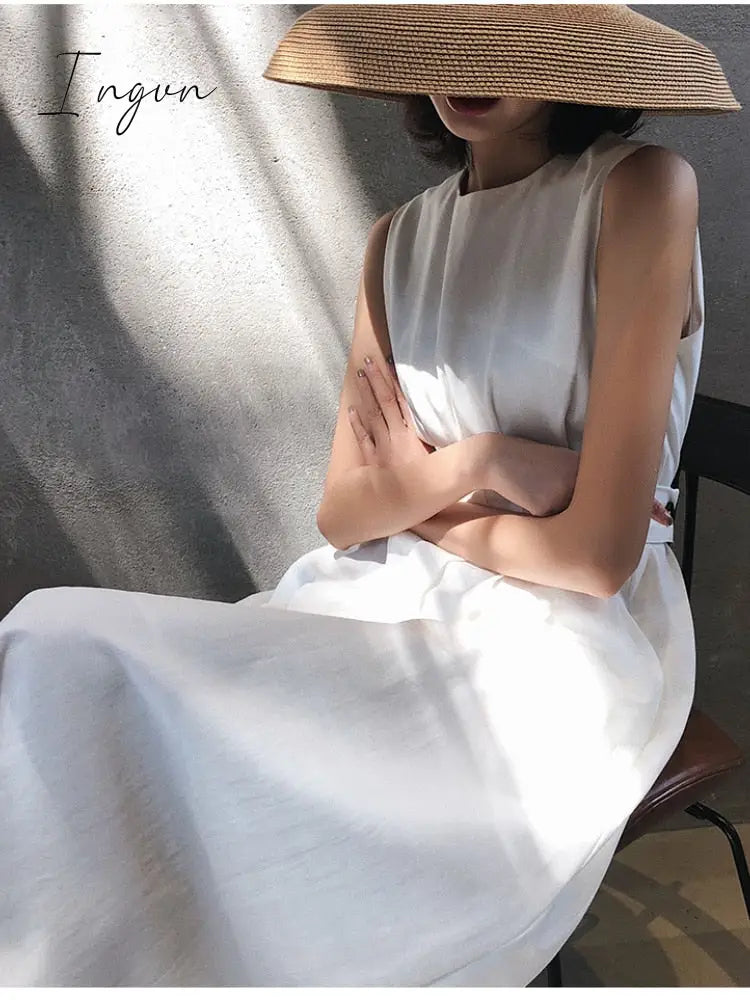 Ingvn - Women White Dress Black Fashion Elegant Party O-neck Sleeveless Vestido Tank Sundress Female spring summer