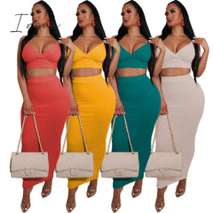 Ingvn - Sexy Two Piece Sets V-Neck Long Sleeve Crop Top Knitted Long Skirt Party Women Sets Wrap Club Bodycon 2 Pieces Outfits