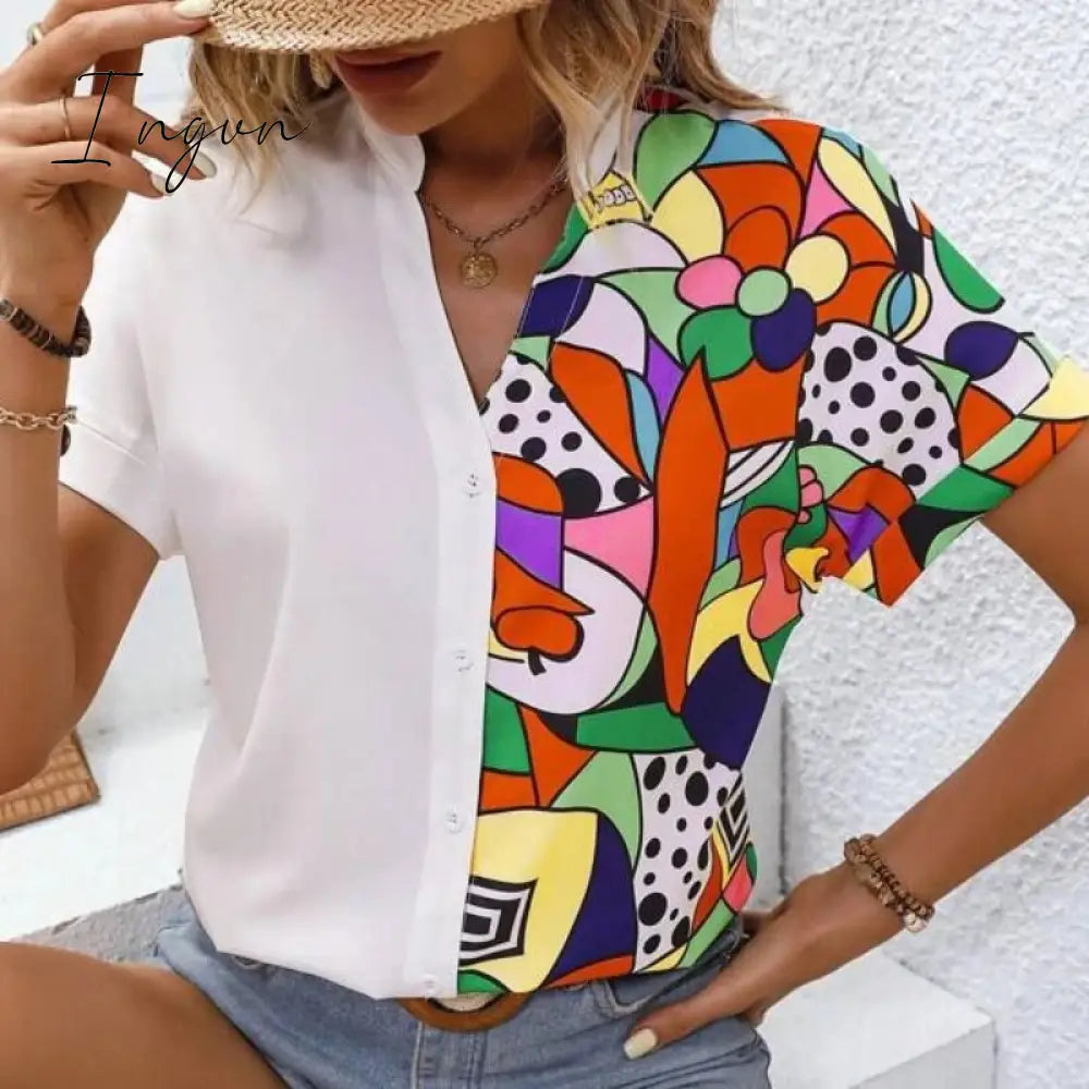 Ingvn - Women Tops Fashion Patchwork Color Shirt 2023 New Summer Short Sleeve Blouse V-neck Casual Loose Clothes Blusa Mujer 26456
