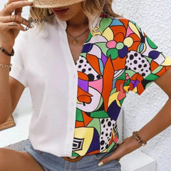 Ingvn - Women Tops Fashion Patchwork Color Shirt 2023 New Summer Short Sleeve Blouse V-neck Casual Loose Clothes Blusa Mujer 26456