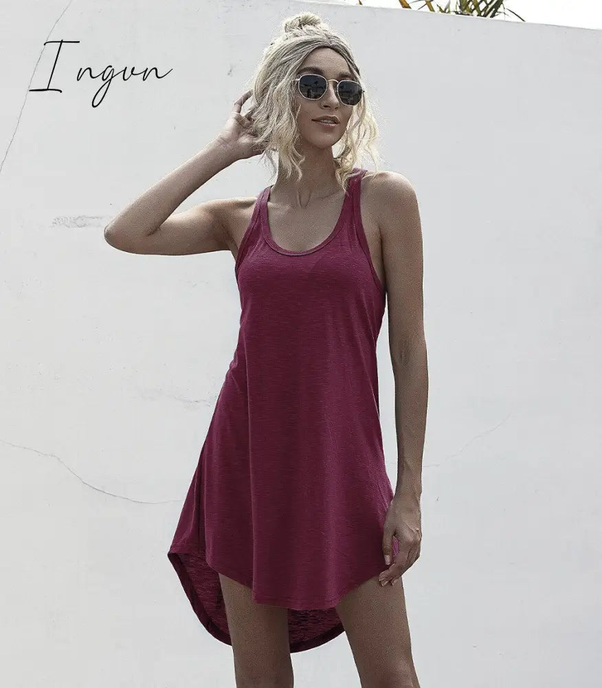Ingvn - Solid Casual O-neck Sleeveless Tank Dress Women Loose Off Shoulder Asymmetrical Cotton Mini Dress