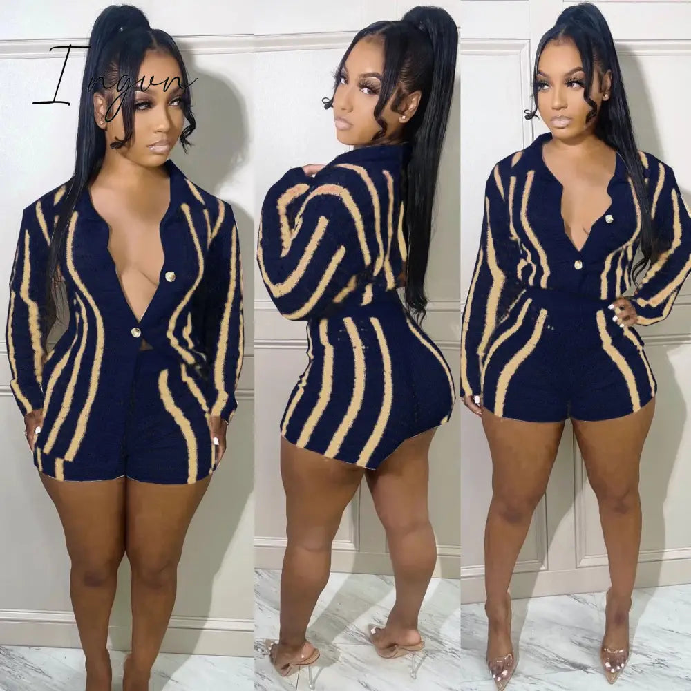Ingvn - Striped Knitted Sweater Cardigan and Shorts Two Piece Set Women Clothing Fall 2023 Fashion Matching Sets