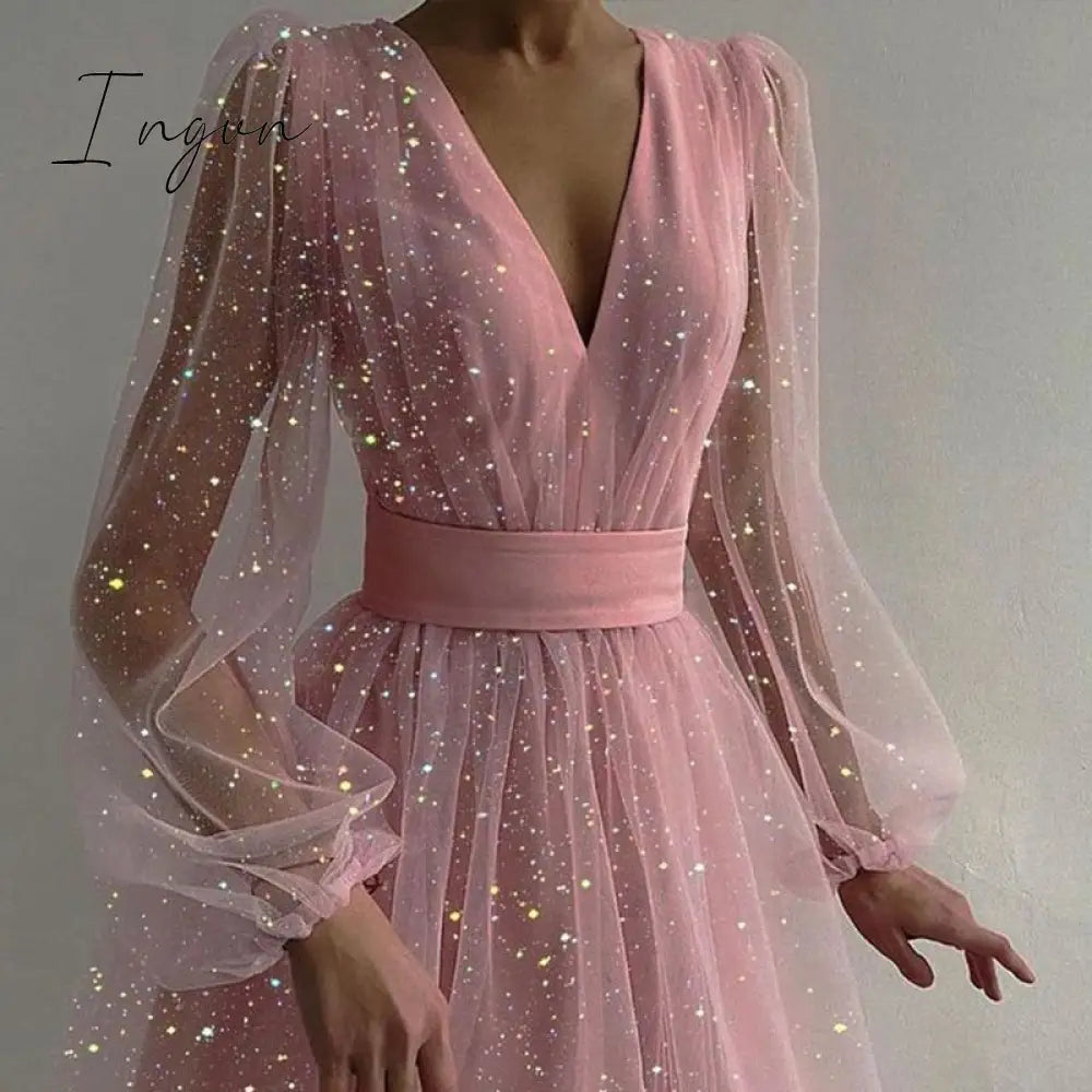 Ingvn - Deep V-Neck Women Mesh Dress Party Summer Long Puff Sleeve Pink Zipper A-Line Thin Waist Translucent Young Girls Clothes