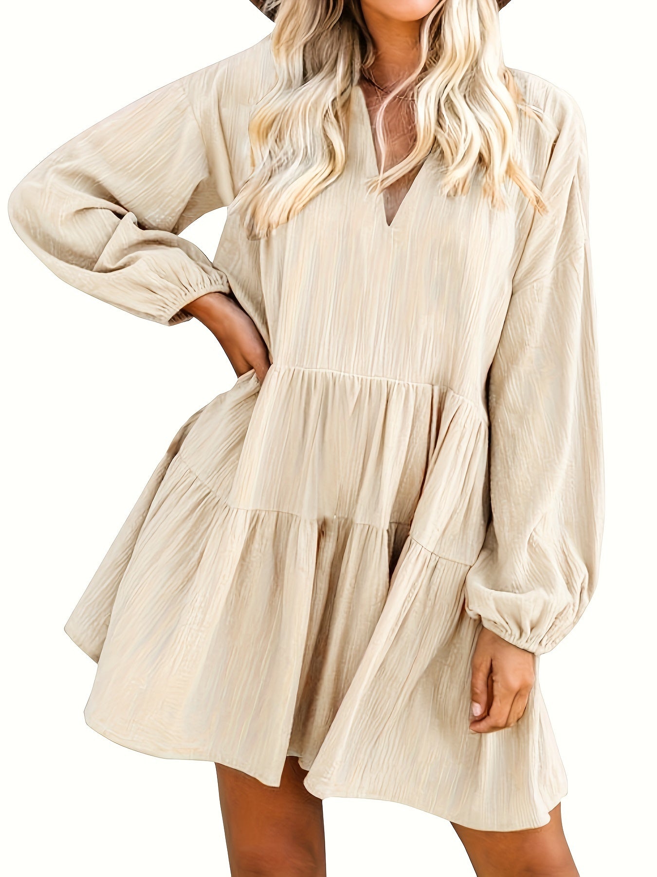 Long Sleeve Solid Color V Neck Loose Babydoll Dress, Casual Ruffle Hem For Spring & Fall, Women's Clothing