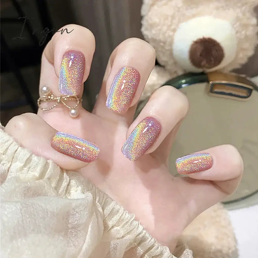 Wine Red Cat's Eye y2k Fake Nails With Designs Wearable Glitter False Nails Press on Square Nail Full Cover Artificial Nail Tips