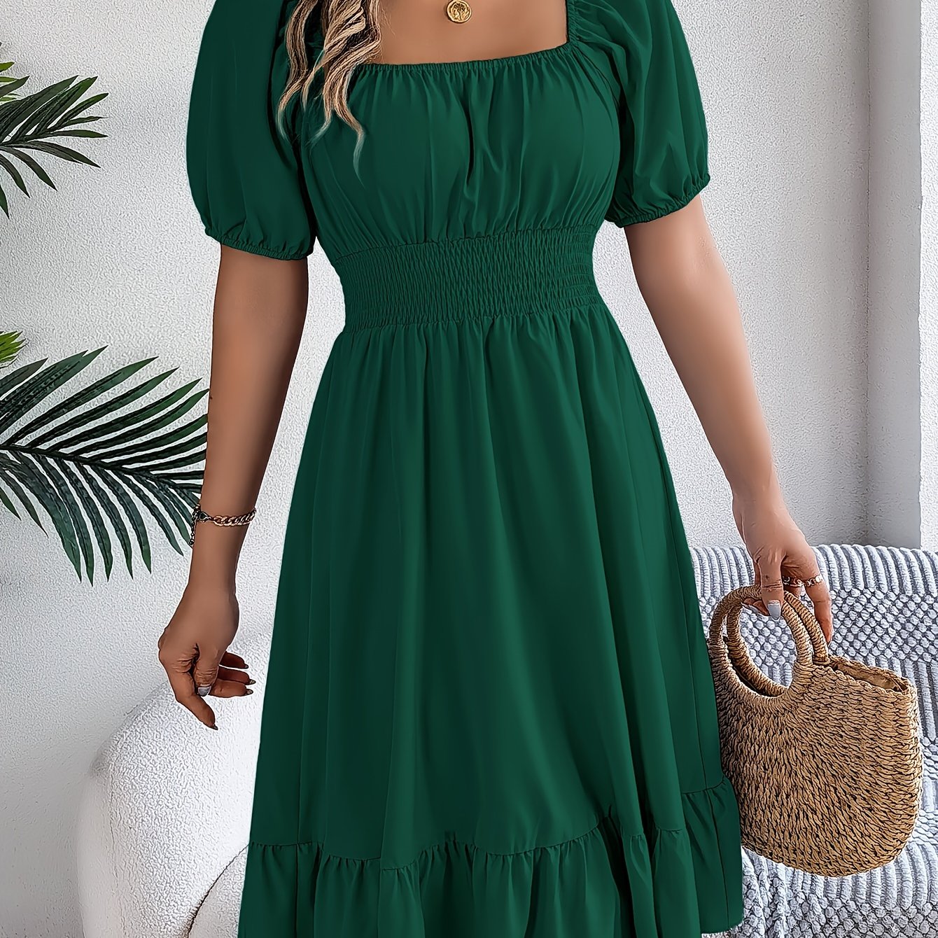 Solid Puff Sleeve Square Neck Waist Dress, Elegant Ruched Bust Ruffle Hem Dress, Women's Clothing Wedding graduation engagement occasion ceremony party holiday vacation birthday