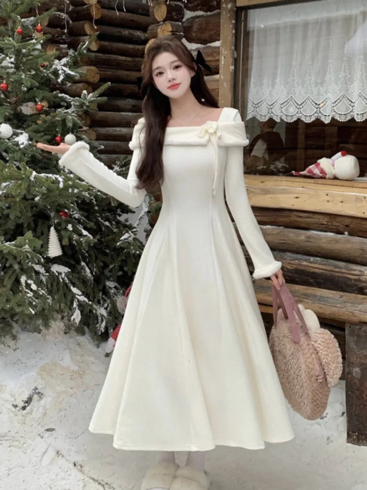 Elegant Solid Knitted Dresses for Women Korean Sweet Slash Neck Long Sleeves Princess Birthday Party Dress A-Line Vestidos Robe