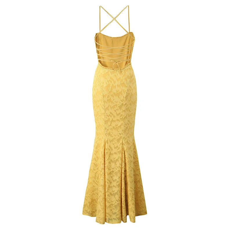 Sexy Backless Bandage Long Fishtail Dress For Women Elegant Wedding Guests Party Evening Gowns Dresses Maxi Robe Yellow