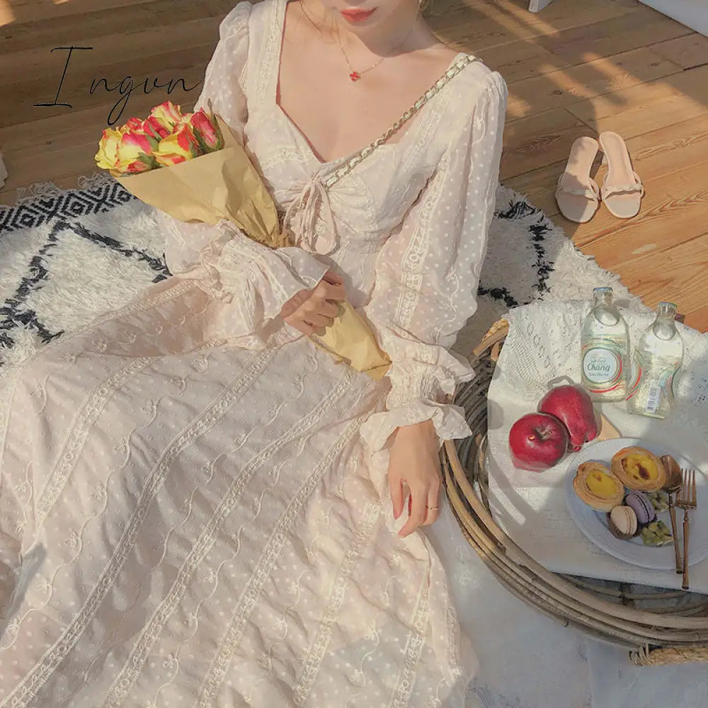Ingvn - Vintage Fairy Dress Women Elegant Designer Chiffon Dress Long Sleeve French Party Midi Dress Casual Women's Clothing Autumn