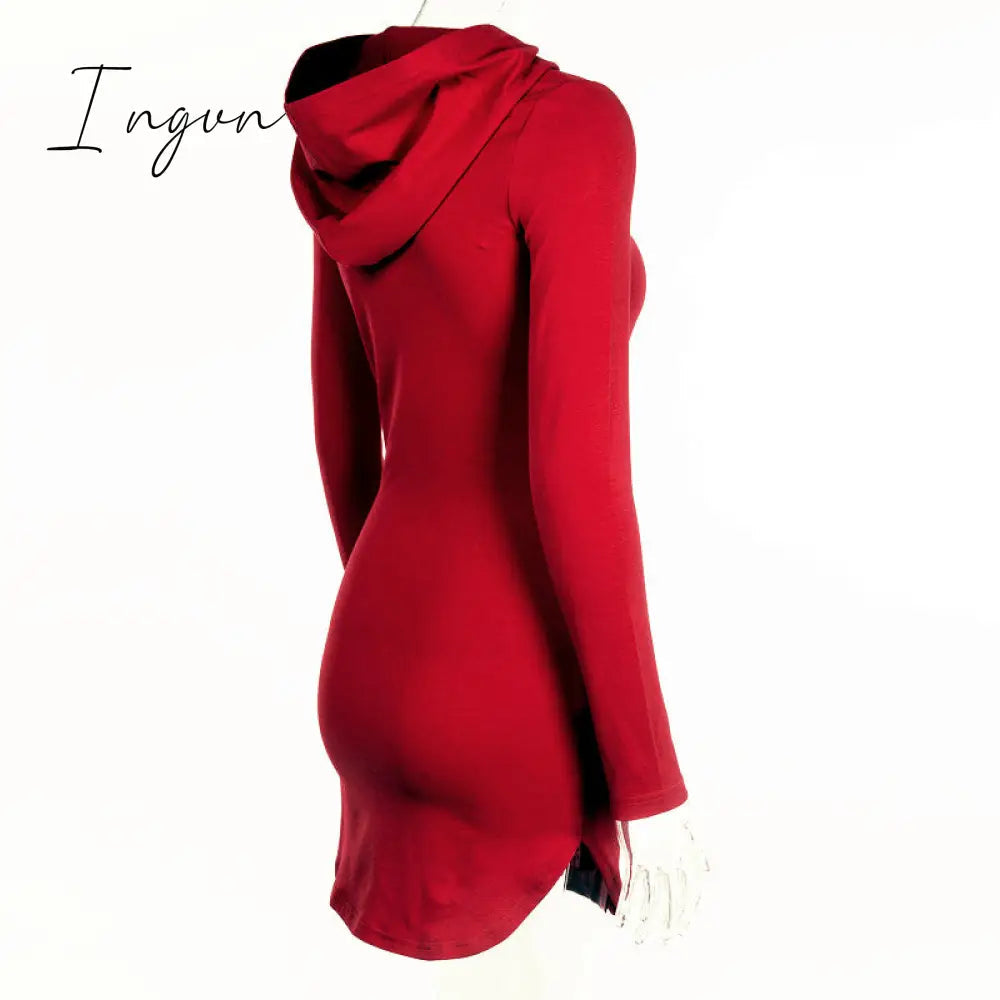 Ingvn - Women Sexy Bodycon Dress Spring Autumn Winter Woman Hooded Long Sleeve Wine Red Suede Dress robe femme