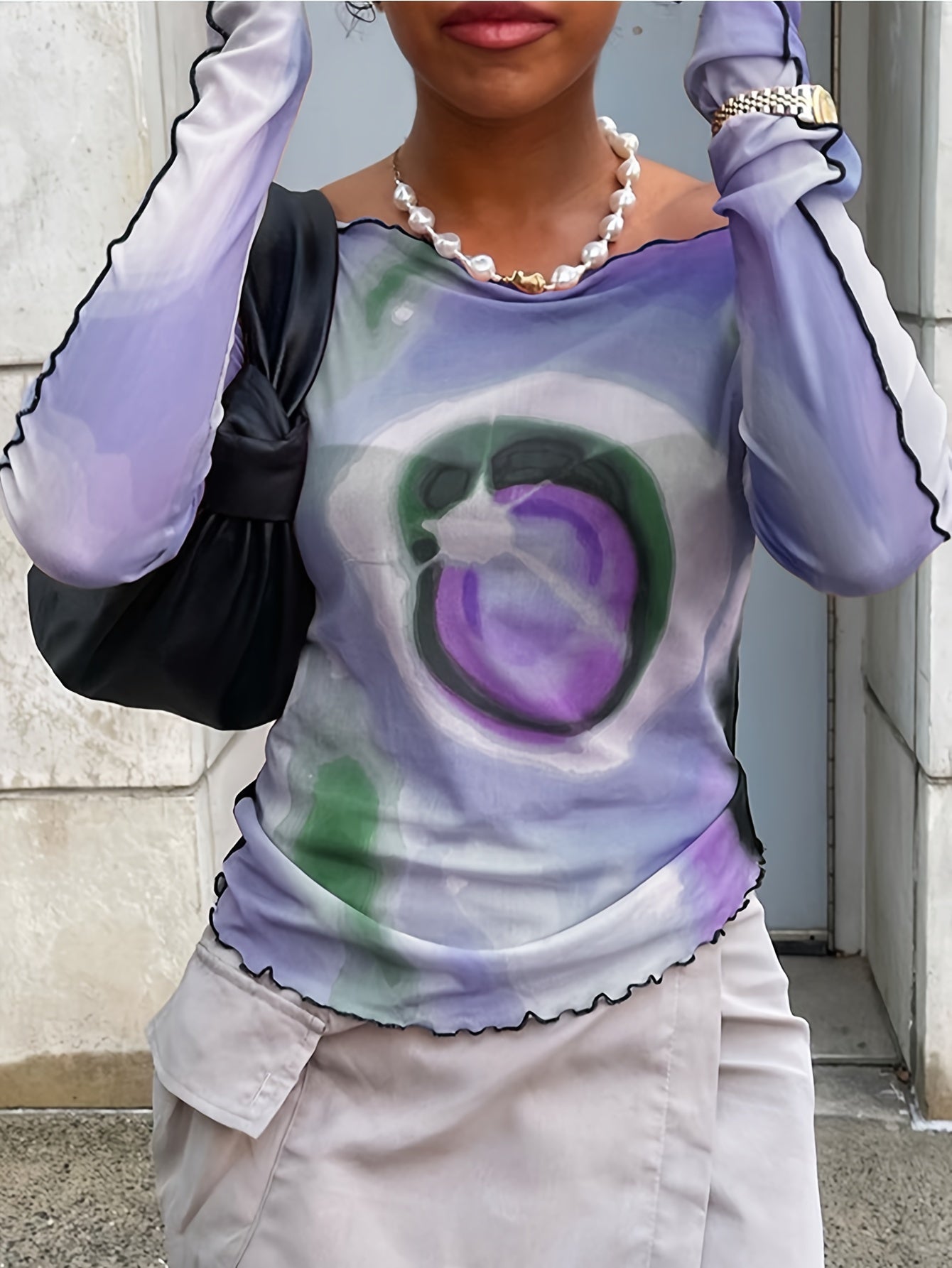 Off-Shoulder Sun & Moon Print T-Shirt with Ruffle Trim - 95% Polyester 5% Elastane Knit Fabric, Young Style Regular Length Top for Spring/Summer/Fall