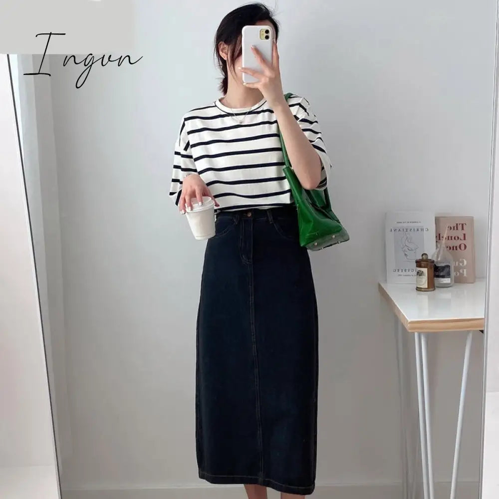Ingvn - Women Striped Cotton T Shirt Short Sleeve O Neck Tees Ladies Casual Tee Shirt Street Wear Top 6L42