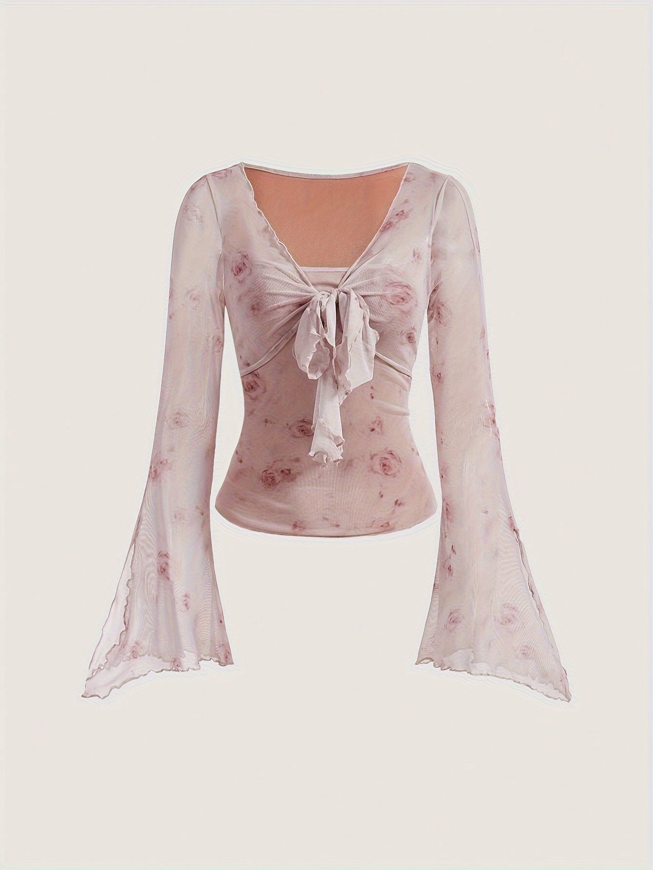[Slim Floral Print Knot Tee] Floral Print Knot Front Slim T-Shirt, Elegant Flare Sleeve T-Shirt For Spring & Fall, Women's Clothing
