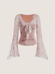 [Slim Floral Print Knot Tee] Floral Print Knot Front Slim T-Shirt, Elegant Flare Sleeve T-Shirt For Spring & Fall, Women's Clothing