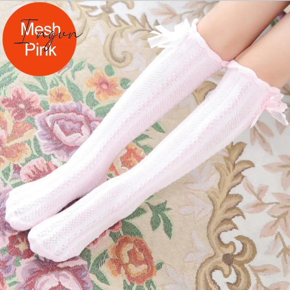 Ingvn - Spring Summer Girls Knee High Socks for Kids Children Bowknot Mesh Breathable Long Tall Socks White Gray Black Pink 3-12 Years