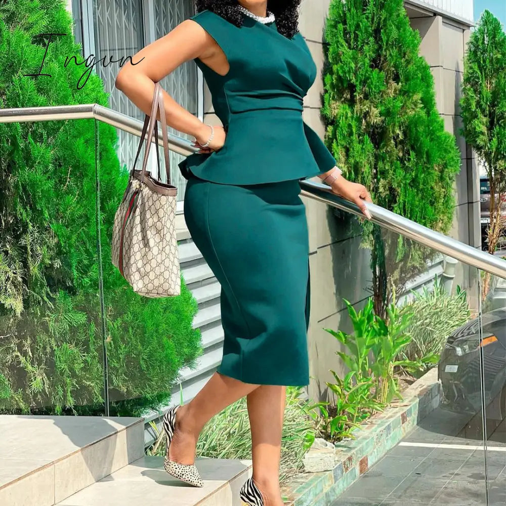 Ingvn - Sexy Bodycon Short Sleeve Dresses Split Package Hip Solid Event Party Dress Fashion Office Ladies African Femal Plus Size