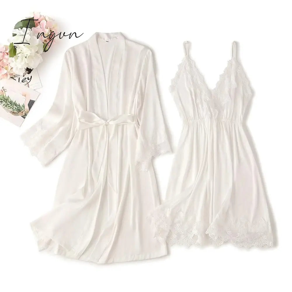 Ingvn - Lace Trim Sexy Wedding Lady Robe Suit Loose Satin Bride Bridesmaid Kimono Bathrobe Gown Mini Sleepwear Rayon Intimate Lingerie